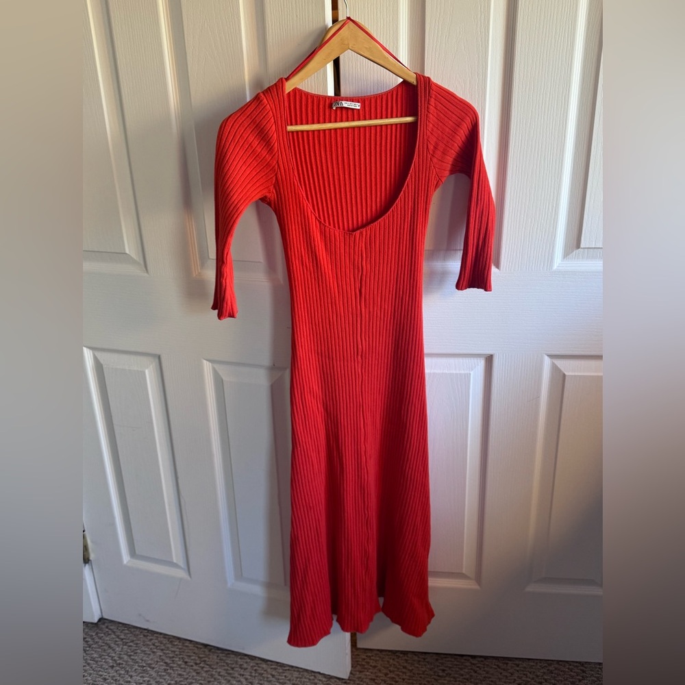 Zara Vibrant Orange/Red ribbed 3/4 Sleeve Dress size S